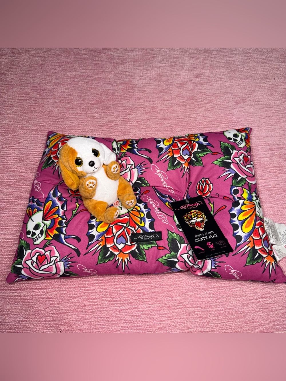 Ed Hardy Magenta Floral Skull Pet Crate Mat